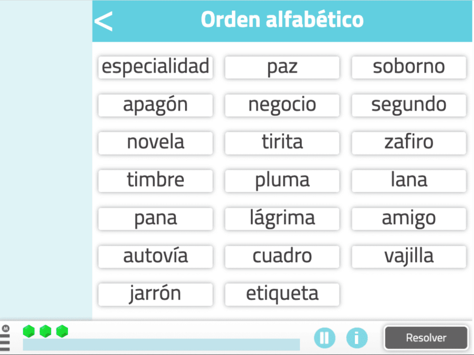 Jogo de ordenar palavras em ordem alfabética para ajudar na intervenção de pessoas com síndrome de Down